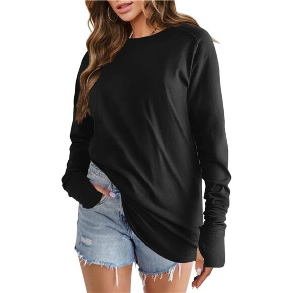 Women's Oversized Long Sleeve Shirt – Casual Crewneck Tunic with Thumb Holes - Picture 2 of 5